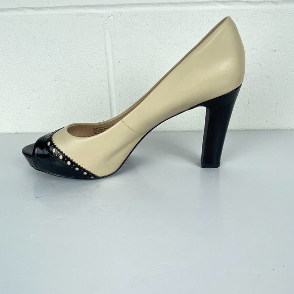 Franco Sarto Shoes Size 10 Ivory Black Bruna Leather Wing Tip Peep Toe Pump Heel - Picture 4 of 13